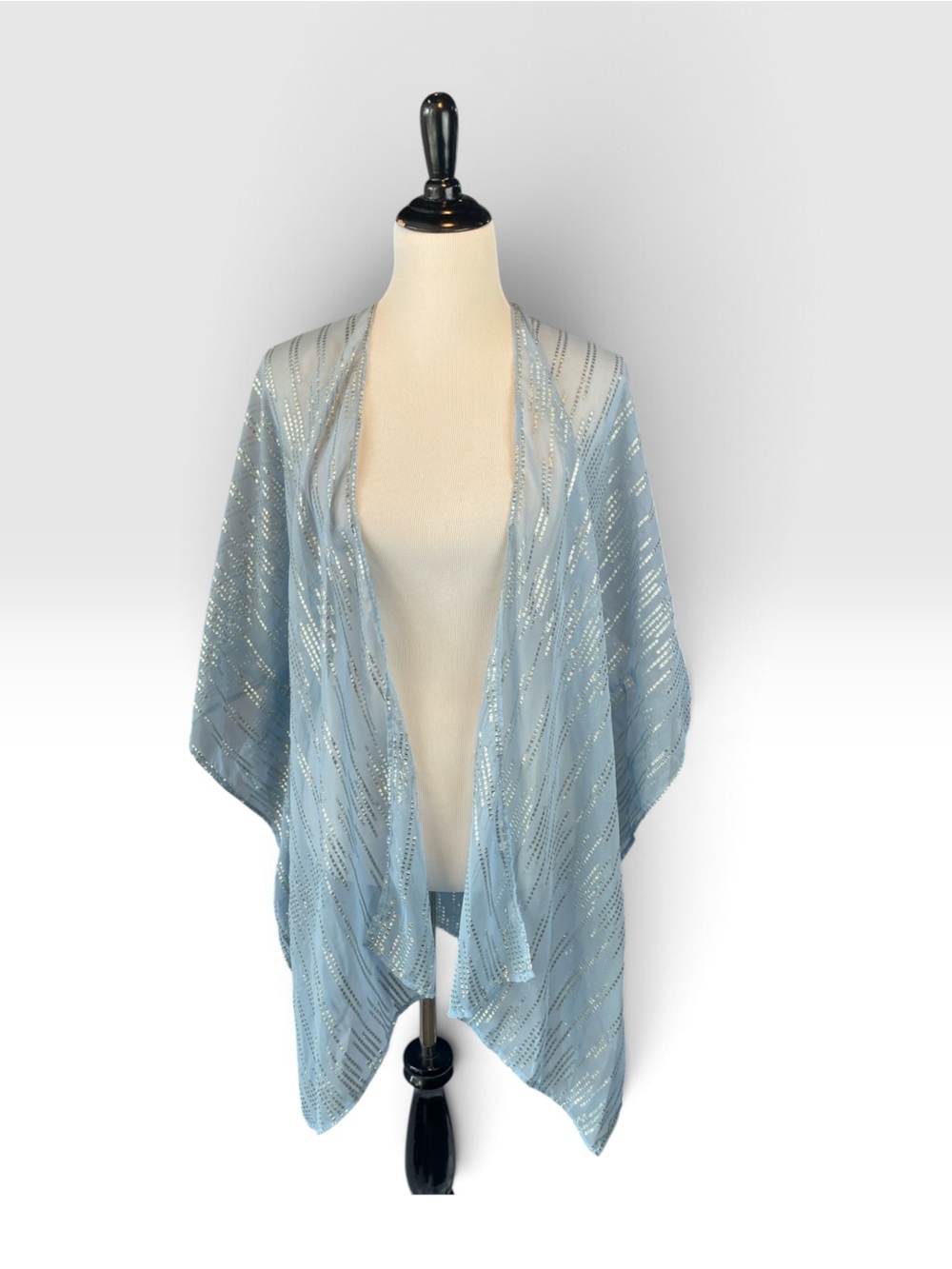 Steve Madden Light Blue Sheer Metallic Stripe Draped Kimono Beach Coverup
